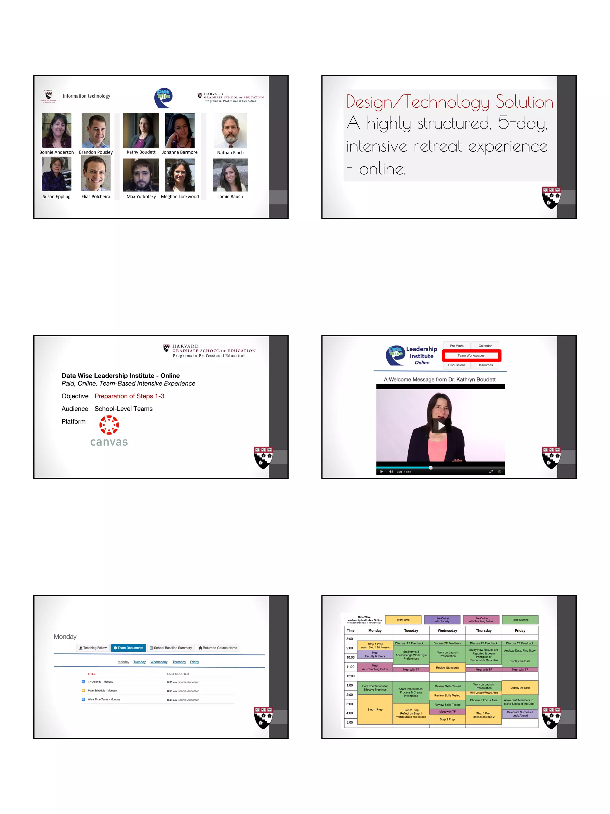 Meghan Lockwood
Johanna BarmoreKathy Boudett
Max Yurkofsky
Bonnie Anderson
Elias PolcheiraSusan Eppling
Brandon Pousley Nathan Finch
Jamie Rauch
Design/Technology Solution
A highly structured, 5-day,
intensive retreat experience
- online.
Data Wise Leadership Institute - Online
Paid, Online, Team-Based Intensive Experience
Objective Preparation of Steps 1-3
Audience School-Level Teams
Platform
 