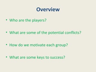 Overview <ul><li>Who are the players? </li></ul><ul><li>What are some of the potential conflicts? </li></ul><ul><li>How do...