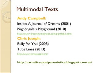 Multimodal Texts
Andy Campbell:
Inside: A Journal of Dreams (2001)
Nightingale’s Playground (2010)
http://www.dreamingmethods.com/portfolio.html
Chris Joseph:
Bully for You (2008)
Tube Lines (2013)
http://www.chrisjoseph.org/
http://narrativa-postparentetica.blogspot.com.ar/
 