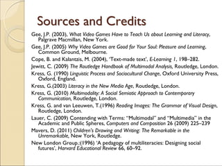 SourcesSources andand CreditsCredits
Gee, J.P. (2003), What Video Games Have to Teach Us about Learning and Literacy,
Palgrave Macmillan, New York.
Gee, J.P. (2005) Why Video Games are Good for Your Soul: Pleasure and Learning,
Common Ground, Melbourne.
Cope, B. and Kalantzis, M. (2004), ‘Text-made text’, E-Learning 1, 198–282.
Jewitt, C. (2009) The Routledge Handbook of Multimodal Analysis, Routledge, London.
Kress, G. (1990) Linguistic Process and Sociocultural Change, Oxford University Press,
Oxford, England.
Kress, G.(2003) Literacy in the New Media Age, Routledge, London.
Kress, G. (2010) Multimodality: A Social Semiotic Approach to Contemporary
Communication, Routledge, London.
Kress, G. and van Leeuwen, T.(1996) Reading Images: The Grammar of Visual Design,
Routledge, London.
Lauer, C. (2009) Contending with Terms: “Multimodal” and “Multimedia” in the
Academic and Public Spheres, Computers and Composition 26 (2009) 225–239
Mavers, D. (2011) Children’s Drawing and Writing: The Remarkable in the
Unremarkable, New York, Routledge.
New London Group.:(1996) ‘A pedagogy of multiliteracies: Designing social
futures’, Harvard Educational Review 66, 60–92.
 