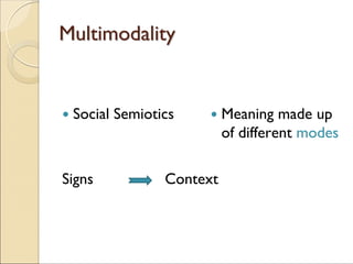 MultimodalityMultimodality
Social Semiotics
Signs Context
Meaning made up
of different modes
 