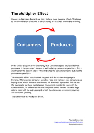 The Multiplier Effect
Changes in Aggregate Demand are likely to have more than one effect. This is due
to the Circular Flow of Income in which money is circulated around the economy.




      Consumers                              Producers


In the simple diagram above the money that Consumers spend on products from
producers, is the producer’s income as well as being consumer expenditure. This is
also true for the bottom arrow, which indicates the consumers income but also the
producers expenditure.

The multiplier effect explains what happens with an increase in Aggregate
Demand. If for example consumer spending rises, this indicates that consumers are
buying more, which increases the demand for a business’s products. This causes
the business to purchase capital goods (investment) in order to cope with the
excess demand. In addition to this the companies would have to raise the wage
rate to cope with the extra demand, which then increases government revenue
and consumer spending.

This is known as the multiplier effect.




                                                                  Aquinas Economics
                                                 www.aquinaseconomics.moonfruit.com
                                                                 @aquinaseconomic
 