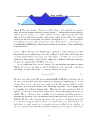 future boundary



     Σ0

Figure 2: The future domain of dependence, D(Σ0 ), (light or dark shaded) is the spacetime
region that can be predicted from data on the timeslice Σ0 . If the future conformal boundary
contains spacelike portions, as in eternal inﬂation or inside a black hole, then the future
light-cones of events in the dark shaded region remain entirely within D(Σ0 ). Pure quantum
states do not decohere in this region, in a complete description of D(Σ0 ). This is true even for
states that involve macroscopic superpositions, such as the locations of pocket universes in
eternal inﬂation (dashed lines), calling into question the self-consistency of the global picture
of eternal inﬂation.


position. This contradicts the standard global picture of eternal inﬂation, in which
domain walls, vacua, and the spacetime metric take on deﬁnite values, as if drawn from
a density matrix obtained by tracing over some degrees of freedom, and as if the inter-
action with these degrees of freedom had picked out a preferred basis that eliminates
the quantum superposition of bubbles and vacua.
    Let us quickly get rid of one red herring: Can the standard geometry of eternal
inﬂation be recovered by using so-called semi-classical gravity in which the metric is
sourced by the expectation value of the energy-momentum tensor,

                                       Gµν = 8π Tµν ?                                      (2.1)

This does not work because the matter quantum ﬁelds would still remain coherent. At
the level of the quantum ﬁelds, the wavefunction initially has support only in the false
vacuum. Over time it evolves to a superposition of the false vacuum (with decreasing
amplitude), with the true vacuum (with increasing amplitude), plus a superposition
of expanding and colliding domain walls. This state is quite complicated but the
expectation value of its stress tensor should remain spatially homogeneous if it was so
initially. The net eﬀect, over time, would be a continuous conversion of vacuum energy
into ordinary matter or radiation (from the collision of bubbles and motion of the scalar
ﬁeld). By Eq. (2.1), the geometry spacetime would respond to the homogeneous glide
of the vacuum energy to negative values. This would result in a global crunch after
ﬁnite time, in stark contrast to the standard picture of global eternal inﬂation. In
any case, it seems implausible that semi-classical gravity should apply in a situation in



                                             –9–
 