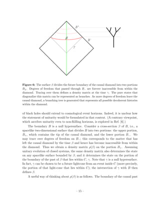 Figure 6: The surface β divides the future boundary of the causal diamond into two portions
B± . Degrees of freedom that passed through B− are forever inaccessible from within the
diamond. Tracing over them deﬁnes a density matrix at the time γ. The pure states that
diagonalize this matrix can be represented as branches. As more degrees of freedom leave the
causal diamond, a branching tree is generated that represents all possible decoherent histories
within the diamond.


of black holes should extend to cosmological event horizons. Indeed, it is unclear how
the statement of unitarity would be formulated in that context. (A contrary viewpoint,
which ascribes unitarity even to non-Killing horizons, is explored in Ref. [6].)
     The boundary B is a null hypersurface. Consider a cross-section β of B, i.e., a
spacelike two-dimensional surface that divides B into two portions: the upper portion,
B+ , which contains the tip of the causal diamond, and the lower portion B− . We
may trace over degrees of freedom on B− ; this corresponds to the matter that has
left the causal diamond by the time β and hence has become inaccessible from within
the diamond. Thus we obtain a density matrix ρ(β) on the portion B+ . Assuming
unitary evolution of closed systems, the same density matrix also determines the state
on any spacelike surface bounded by β; and it determines the state on the portion of
the boundary of the past of β that lies within C, γ. Note that γ is a null hypersurface.
In fact, γ can be chosen to be a future lightcone from an event inside C (more precisely,
the portion of that light-cone that lies within C); the intersection of γ with B then
deﬁnes β.
     A useful way of thinking about ρ(β) is as follows. The boundary of the causal past



                                            – 15 –
 