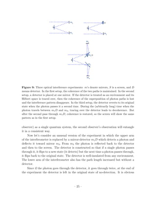 Figure 9: Three optical interference experiments: m’s denote mirrors, S is a screen, and D
means detector. In the ﬁrst setup, the coherence of the two paths is maintained. In the second
setup, a detector is placed at one mirror. If the detector is treated as an environment and its
Hilbert space is traced over, then the coherence of the superposition of photon paths is lost
and the interference pattern disappears. In the third setup, the detector reverts to its original
state when the photon passes it a second time. During the (arbitrarily long) time when the
photon travels between m1 D and m3 , tracing over the detector leads to decoherence. But
after the second pass through m1 D, coherence is restored, so the screen will show the same
pattern as in the ﬁrst setup.


observer) as a single quantum system, the second observer’s observation will entangle
it in a consistent way.
     Now let’s consider an unusual version of the experiment in which the upper arm
of the interferometer is replaced by a mirror-detector m1 D which detects a photon and
deﬂects it toward mirror m3 . From m3 the photon is reﬂected back to the detector
and then to the screen. The detector is constructed so that if a single photon passes
through it, it ﬂips to a new state (it detects) but the next time a photon passes through,
it ﬂips back to the original state. The detector is well-insulated from any environment.
The lower arm of the interferometer also has the path length increased but without a
detector.
     Since if the photon goes through the detector, it goes through twice, at the end of
the experiment the detector is left in the original state of no-detection. It is obvious



                                             – 25 –
 