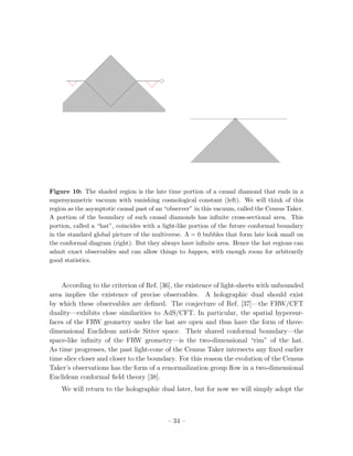 Figure 10: The shaded region is the late time portion of a causal diamond that ends in a
supersymmetric vacuum with vanishing cosmological constant (left). We will think of this
region as the asymptotic causal past of an “observer” in this vacuum, called the Census Taker.
A portion of the boundary of such causal diamonds has inﬁnite cross-sectional area. This
portion, called a “hat”, coincides with a light-like portion of the future conformal boundary
in the standard global picture of the multiverse. Λ = 0 bubbles that form late look small on
the conformal diagram (right). But they always have inﬁnite area. Hence the hat regions can
admit exact observables and can allow things to happen, with enough room for arbitrarily
good statistics.



    According to the criterion of Ref. [36], the existence of light-sheets with unbounded
area implies the existence of precise observables. A holographic dual should exist
by which these observables are deﬁned. The conjecture of Ref. [37]—the FRW/CFT
duality—exhibits close similarities to AdS/CFT. In particular, the spatial hypersur-
faces of the FRW geometry under the hat are open and thus have the form of three-
dimensional Euclidean anti-de Sitter space. Their shared conformal boundary—the
space-like inﬁnity of the FRW geometry—is the two-dimensional “rim” of the hat.
As time progresses, the past light-cone of the Census Taker intersects any ﬁxed earlier
time slice closer and closer to the boundary. For this reason the evolution of the Census
Taker’s observations has the form of a renormalization group ﬂow in a two-dimensional
Euclidean conformal ﬁeld theory [38].
    We will return to the holographic dual later, but for now we will simply adopt the



                                           – 34 –
 