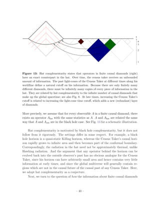 t
                                                                                               4
                                                                                               3

                                                                                               2




                                                                                               1




Figure 13: Hat complementarity states that operators in ﬁnite causal diamonds (right)
have an exact counterpart in the hat. Over time, the census taker receives an unbounded
amount of information. The past light-cones of the Census Taker at diﬀerent times along his
worldline deﬁne a natural cutoﬀ on his information. Because there are only ﬁnitely many
diﬀerent diamonds, there must be inﬁnitely many copies of every piece of information in the
hat. They are related by hat complementarity to the inﬁnite number of causal diamonds that
make up the global spacetime; see also Fig. 8. At late times, increasing the Census Taker’s
cutoﬀ is related to increasing the light-cone time cutoﬀ, which adds a new (redundant) layer
of diamonds.


More precisely, we assume that for every observable A in a ﬁnite causal diamond, there
exists an operator Ahat with the same statistics as A. A and Ahat are related the same
way that A and Aout are in the black hole case. See Fig. 13 for a schematic illustration.

     Hat complementarity is motivated by black hole complementarity, but it does not
follow from it rigorously. The settings diﬀer in some respect. For example, a black
hole horizon is a quasi-static Killing horizon, whereas the Census Taker’s causal hori-
zon rapidly grows to inﬁnite area and then becomes part of the conformal boundary.
Correspondingly, the radiation in the hat need not be approximately thermal, unlike
Hawking radiation. And the argument that any operator behind the horizon can be
evolved back into the outside observer’s past has no obvious analogue for the Census
Taker, since his horizon can have arbitrarily small area and hence contains very little
information at early times; and since the global multiverse will generally contain re-
gions which are not in the causal future of the causal past of any Census Taker. Here,
we adopt hat complementarity as a conjecture.
     Next, we turn to the question of how the information about ﬁnite causal diamonds



                                          – 40 –
 