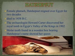 Female pharaoh, Hatshepsut reigned over Egypt for 
two decades 
 died in 1458 B.C. 
The archaeologist Howard Carter discovered her 
royal tomb in Egypt’s Valley of the Kings in 1902 
Molar tooth found in a wooden box bearing 
Hatshepsut’s name showed her queen 
 