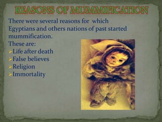 There were several reasons for which 
Egyptians and others nations of past started 
mummification. 
These are: 
Life after death 
False believes 
Religion 
Immortality 
 