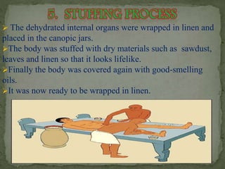  The dehydrated internal organs were wrapped in linen and 
placed in the canopic jars. 
The body was stuffed with dry materials such as sawdust, 
leaves and linen so that it looks lifelike. 
Finally the body was covered again with good-smelling 
oils. 
It was now ready to be wrapped in linen. 
 