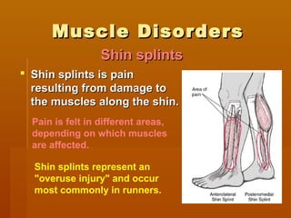 Muscle DisordersMuscle Disorders
 Shin splints is painShin splints is pain
resulting from damage toresulting from damage to
the muscles along the shin.the muscles along the shin.
Pain is felt in different areas,
depending on which muscles
are affected.
Shin splintsShin splints
Shin splints represent an
"overuse injury" and occur
most commonly in runners.
 