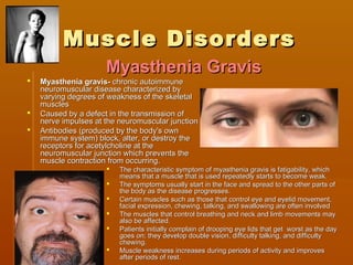 Muscle DisordersMuscle Disorders
 The characteristic symptom of myasthenia gravis is fatigability, whichThe characteristic symptom of myasthenia gravis is fatigability, which
means that a muscle that is used repeatedly starts to become weak.means that a muscle that is used repeatedly starts to become weak.
 The symptoms usually start in the face and spread to the other parts ofThe symptoms usually start in the face and spread to the other parts of
the body as the disease progresses.the body as the disease progresses.
 Certain muscles such as those that control eye and eyelid movement,Certain muscles such as those that control eye and eyelid movement,
facial expression, chewing, talking, and swallowing are often involvedfacial expression, chewing, talking, and swallowing are often involved
 The muscles that control breathing and neck and limb movements mayThe muscles that control breathing and neck and limb movements may
also be affected.also be affected.
 Patients initially complain of drooping eye lids that get worst as the dayPatients initially complain of drooping eye lids that get worst as the day
goes on; they develop double vision, difficulty talking, and difficultygoes on; they develop double vision, difficulty talking, and difficulty
chewing.chewing.
 Muscle weakness increases during periods of activity and improvesMuscle weakness increases during periods of activity and improves
after periods of rest.after periods of rest.
 Myasthenia gravis-Myasthenia gravis- chronic autoimmunechronic autoimmune
neuromuscular disease characterized byneuromuscular disease characterized by
varying degrees of weakness of the skeletalvarying degrees of weakness of the skeletal
musclesmuscles
 Caused by a defect in the transmission ofCaused by a defect in the transmission of
nerve impulses at the neuromuscular junctionnerve impulses at the neuromuscular junction
 Antibodies (produced by the body's ownAntibodies (produced by the body's own
immune system) block, alter, or destroy theimmune system) block, alter, or destroy the
receptors for acetylcholine at thereceptors for acetylcholine at the
neuromuscular junction which prevents theneuromuscular junction which prevents the
muscle contraction from occurring.muscle contraction from occurring.
Myasthenia GravisMyasthenia Gravis
 