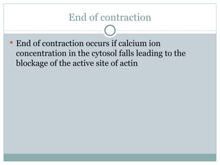 End of contraction End of contraction occurs if calcium ion concentration in the cytosol falls leading to the blockage of the active site of actin  