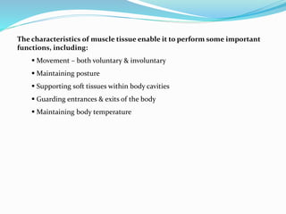 The characteristics of muscle tissue enable it to perform some important
functions, including:
 Movement – both voluntary & involuntary
 Maintaining posture
 Supporting soft tissues within body cavities
 Guarding entrances & exits of the body
 Maintaining body temperature
 