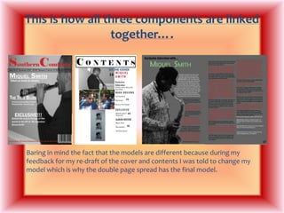 This is how all three components are linked together….Baring in mind the fact that the models are different because during my feedback for my re-draft of the cover and contents I was told to change my model which is why the double page spread has the final model.