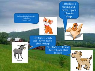Hello,chiken.Hello,donkey.
Hello,dog.
How are you?
Terrible!it´s
raining and i
haven´t got a
place to
sleep.
Terrible!it´s windy
and i haven´t got a
place to sleep
Terrible!it´s cold and
i haven´t got a place
to sleep
 