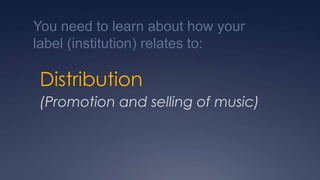 You need to learn about how your label (institution) relates to:Distribution(Promotion and selling of music)