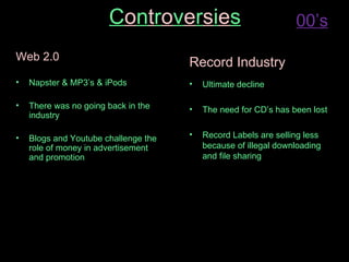 C o n t r o v e r s i e s Web 2.0 Napster & MP3’s & iPods There was no going back in the industry Blogs and Youtube challenge the role of money in advertisement and promotion Record Industry Ultimate decline The need for CD’s has been lost Record Labels are selling less because of illegal downloading and file sharing 00’s 