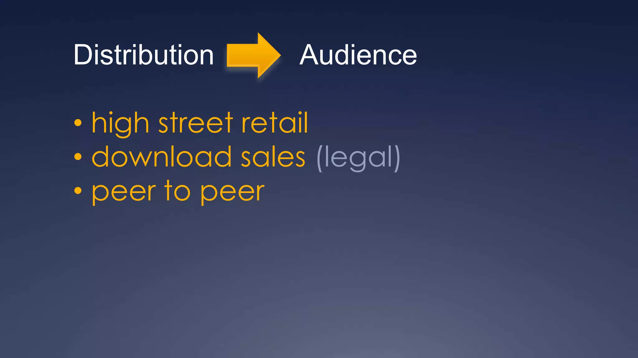 Distribution Audience
• high street retail
• download sales (legal)
• peer to peer
 