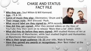 CHASE AND STATUS
FACT FILE
• Who they are- Saul Milton & Will Kennard.
• Age- 29 & 30.
• Genre of music they play- Electronics/ Drum and Bass.
• Their image/style- Well dressed/ Posh.
• What record label are they signed to- MTA records.
• How did they get signed- After they posted videos on the likes of
YouTube they then went on to release ‘More then a lot’ 2003-2009.
• What did they do before they were signed- Will studied History of Art at
the University of Manchester, while Saul studied English and Humanities
at Manchester Metropolitan University.
• Who is their target audience-16-35 year olds, Male & Female.
• Have they gained any awards or recognitions- Won ‘Best Video’ at the
2010 Q Awards.
 