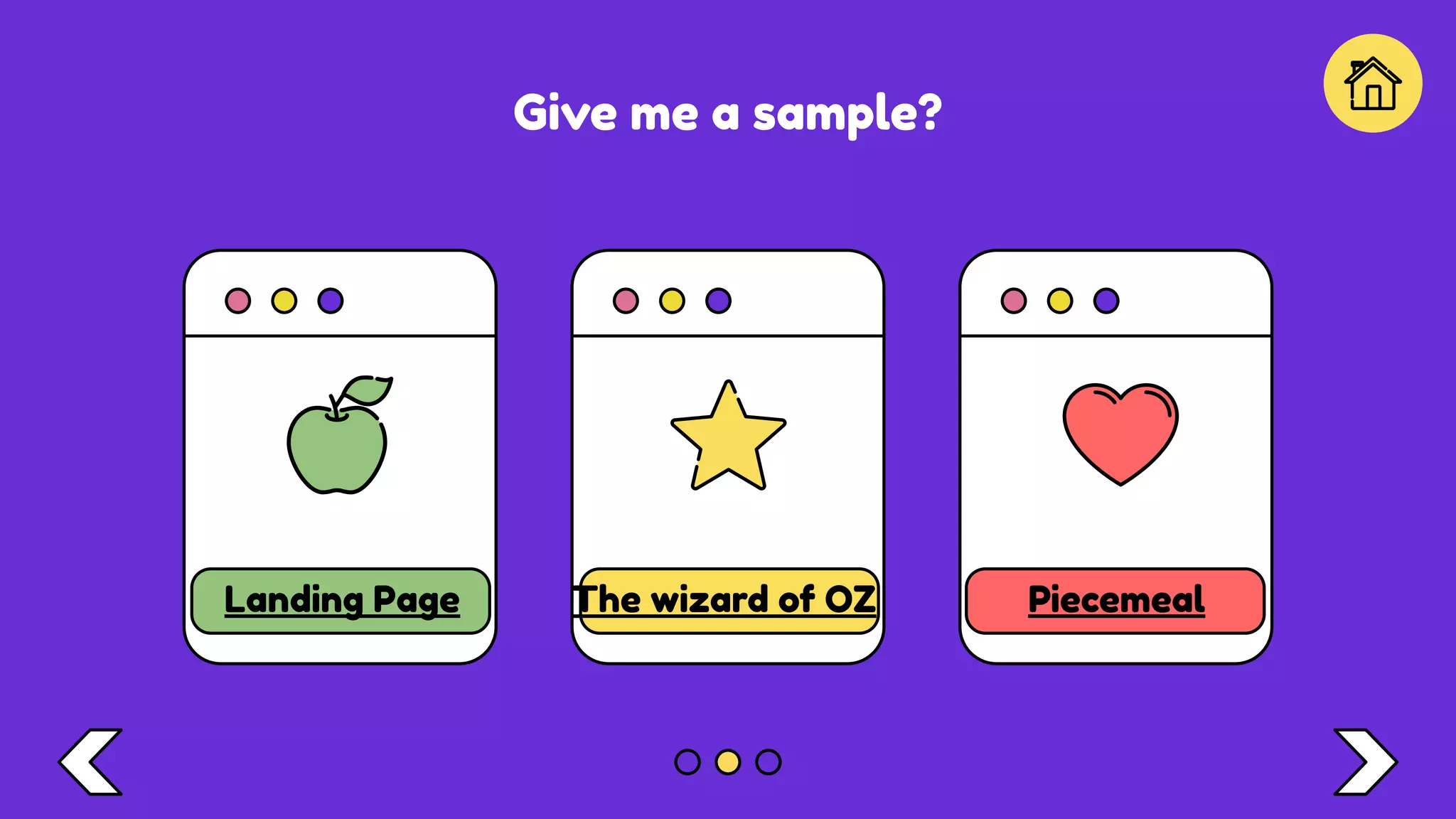 Give me a sample?
Landing Page The wizard of OZ Piecemeal
 