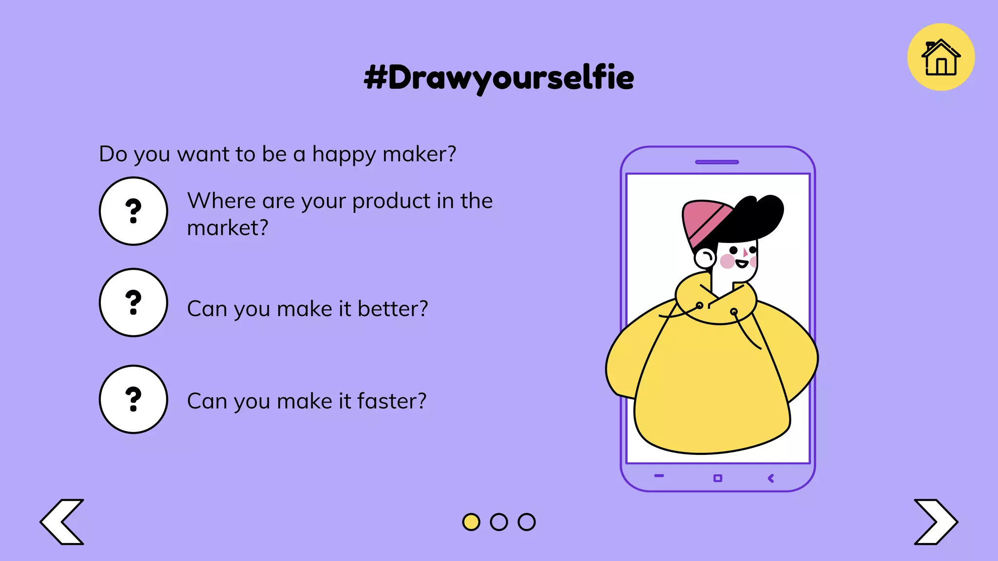 #Drawyourselﬁe
Can you make it better?
Can you make it faster?
?
?
Do you want to be a happy maker?
Where are your product in the
market?
?
 