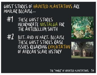 14THE “POWER” OF HAUNTED PLANTATIONS
GHOST STORIES OF HAUNTED PLANTATIONS ARE
POPULAR BECAUSE...
#1
#2
THESE GHOST STORIES
INCORPORATE NOSTALGIA FOR
THE ANTEBELLUM SOUTH
BUT, AND IN PART, BECAUSE
THESE GHOST STORIES RAISE
ISSUES REGARDING EXPLOITATION
OF AFRICAN SLAVE HISTORY
 