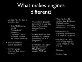 What makes engines
different?
• Storage: how the data is
stored on disk
• Or in NDB (memory
+disk),
CassandraSE
(access a
...