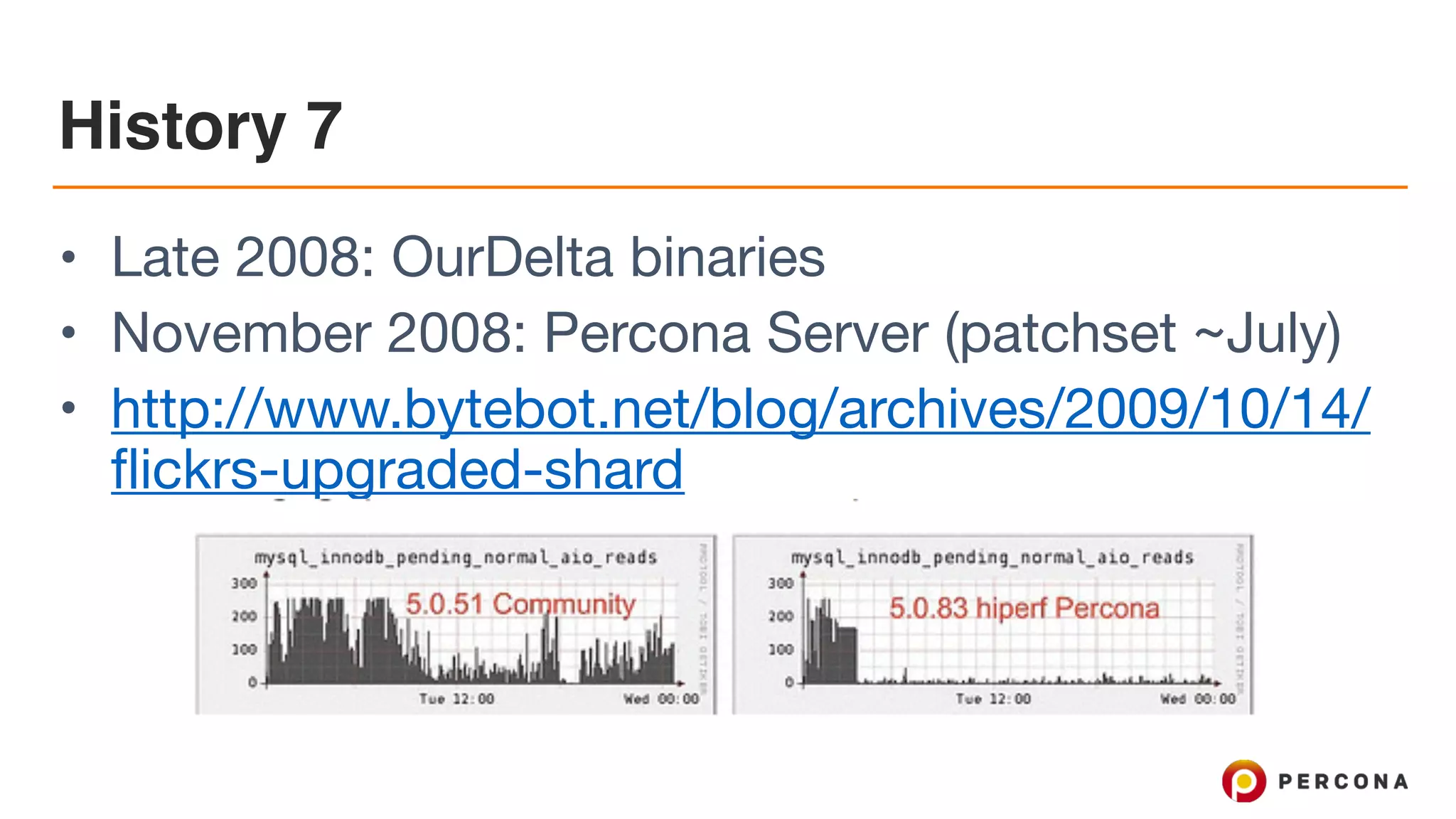 History 7
• Late 2008: OurDelta binaries

• November 2008: Percona Server (patchset ~July)

• http://www.bytebot.net/blog/archives/2009/10/14/
flickrs-upgraded-shard
 