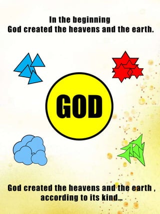 In the beginning
God created the heavens and the earth.
God created the heavens and the earth ,
according to its kind…
GOD
 