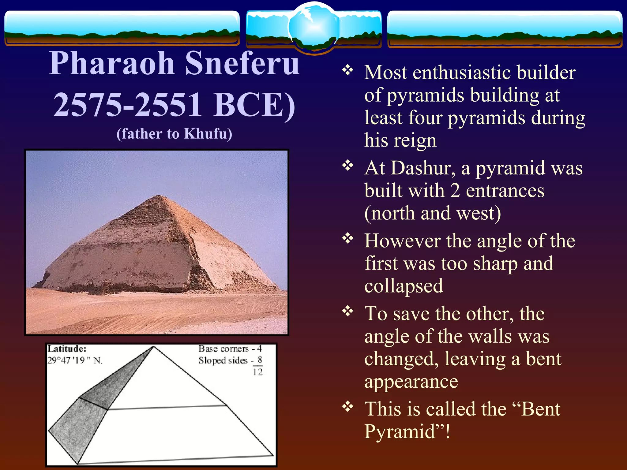 Pharaoh Sneferu
2575-2551 BCE)
(father to Khufu)
 Most enthusiastic builder
of pyramids building at
least four pyramids during
his reign
 At Dashur, a pyramid was
built with 2 entrances
(north and west)
 However the angle of the
first was too sharp and
collapsed
 To save the other, the
angle of the walls was
changed, leaving a bent
appearance
 This is called the “Bent
Pyramid”!
 