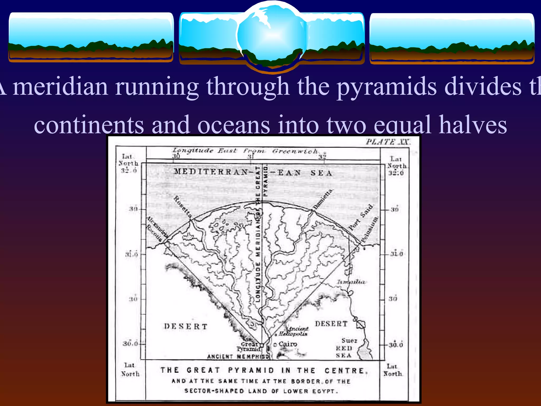 A meridian running through the pyramids divides th
continents and oceans into two equal halves
 