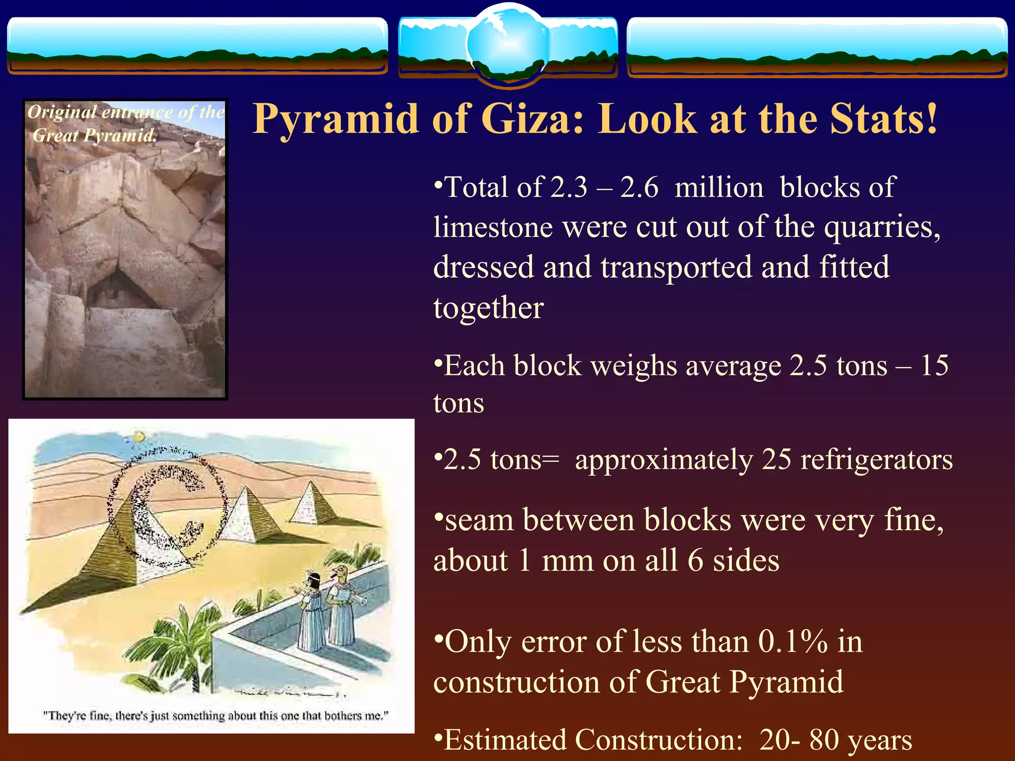 Pyramid of Giza: Look at the Stats!
•Total of 2.3 – 2.6 million blocks of
limestone were cut out of the quarries,
dressed and transported and fitted
together
•Each block weighs average 2.5 tons – 15
tons
•2.5 tons= approximately 25 refrigerators
•seam between blocks were very fine,
about 1 mm on all 6 sides
•Only error of less than 0.1% in
construction of Great Pyramid
•Estimated Construction: 20- 80 years
Original entrance of the
Great Pyramid.
 