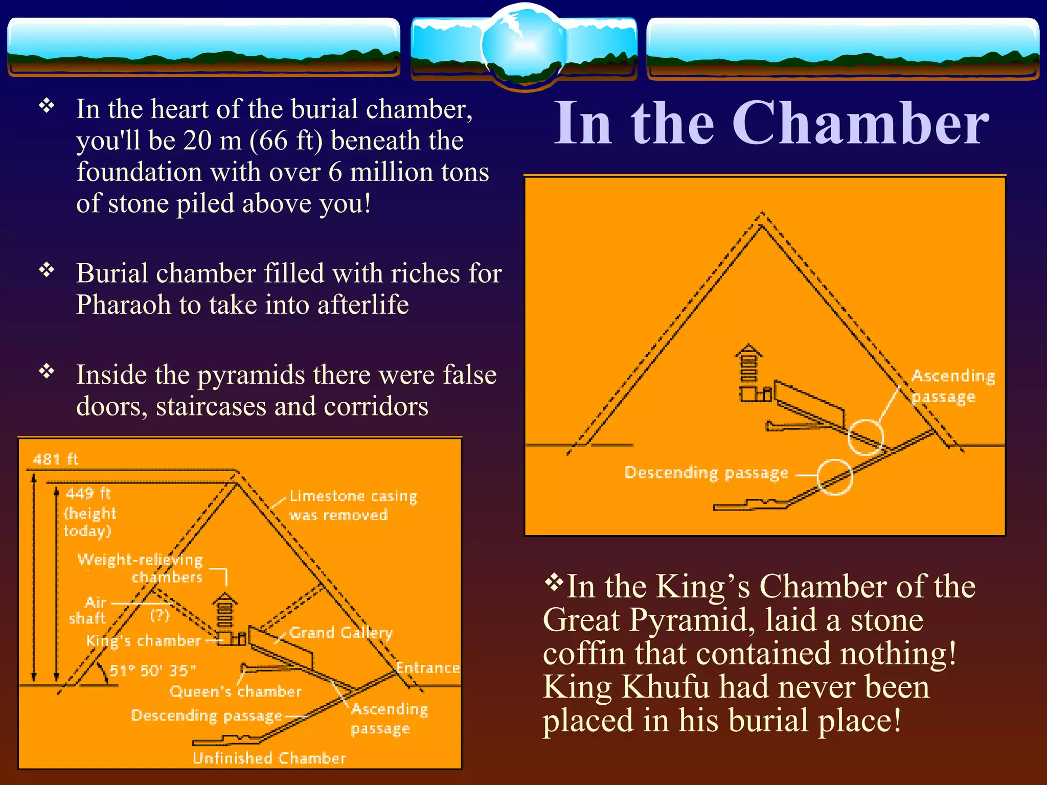 In the Chamber In the heart of the burial chamber,
you'll be 20 m (66 ft) beneath the
foundation with over 6 million tons
of stone piled above you!
 Burial chamber filled with riches for
Pharaoh to take into afterlife
 Inside the pyramids there were false
doors, staircases and corridors
In the King’s Chamber of the
Great Pyramid, laid a stone
coffin that contained nothing!
King Khufu had never been
placed in his burial place!
 