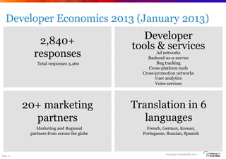 Developer Economics 2013 (January 2013)

             2,840+                            Developer
                                            tools & services
            responses                                Ad networks
                                                Backend-as-a-service
              Total responses 3,460                  Bug tracking
                                                 Cross-platform tools
                                              Cross-promotion networks
                                                    User analytics
                                                    Voice services




          20+ marketing                     Translation in 6
            partners                           languages
              Marketing and Regional            French, German, Korean,
           partners from across the globe     Portuguese, Russian, Spanish



                                                         Copyright VisionMobile 2012
Page 21
 