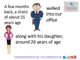 A few months
back, a client
of about 55
years age
walked
into our
office
along with his daughter,
around 26 years of age
sandeep@deepamfinvest.com | www.deepamfinvest.com
 