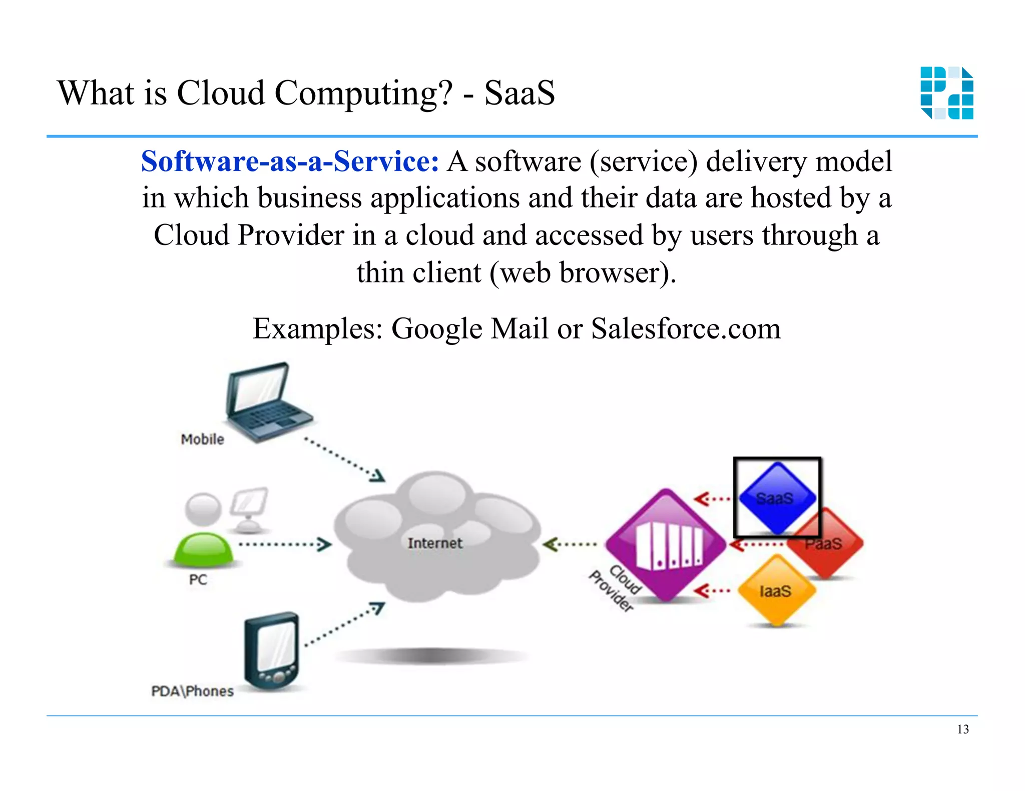 What is Cloud Computing? - SaaS

     Software-as-a-Service: A software (service) delivery model
     in which business applications and their data are hosted by a
      Cloud Provider in a cloud and accessed by users through a
                     thin client (web browser).
              Examples: Google Mail or Salesforce.com





                                                                     13
 
