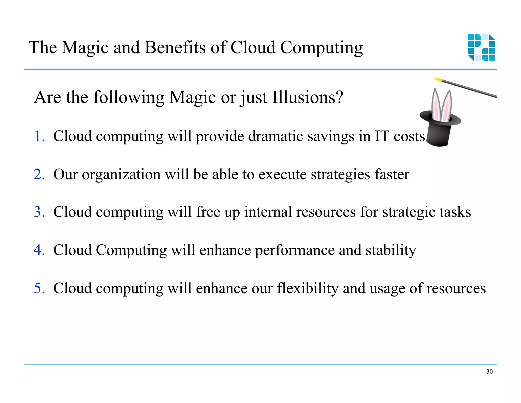 The Magic and Benefits of Cloud Computing

Are the following Magic or just Illusions?

1.  Cloud computing will provide dramatic savings in IT costs

2.  Our organization will be able to execute strategies faster

3.  Cloud computing will free up internal resources for strategic tasks

4.  Cloud Computing will enhance performance and stability

5.  Cloud computing will enhance our flexibility and usage of resources




                                                                          30
 