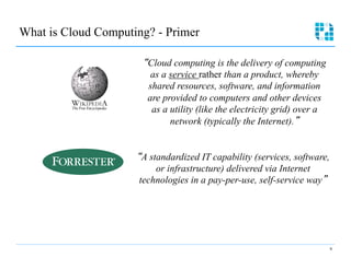 What is Cloud Computing? - Primer 


                       “Cloud computing is the delivery of computing 

                         as a service rather than a product, whereby

                        shared resources, software, and information 

                        are provided to computers and other devices

                         as a utility (like the electricity grid) over a 

                              network (typically the Internet).”



                      “A standardized IT capability (services, software, 

                           or infrastructure) delivered via Internet

                       technologies in a pay-per-use, self-service way”





                                                                         9
 