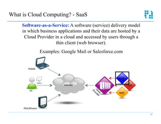 What is Cloud Computing? - SaaS

     Software-as-a-Service: A software (service) delivery model
     in which business applications and their data are hosted by a
      Cloud Provider in a cloud and accessed by users through a
                     thin client (web browser).
              Examples: Google Mail or Salesforce.com





                                                                     13
 