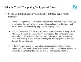 What is Cloud Computing? – Types of Clouds

Ø  Cloud Computing has only one Internet but three deployment
    methods:

   Ø  Private – “Single tenant” – it is cloud infrastructure operated solely for a single
       organization (i.e. you), whether managed internally or by a third-party and
       hosted internally or externally. (e.g. Your Company Cloud)

   Ø  Public – “Many tenant” – An offering from a service provider to many clients
       who share the cloud processing power concurrently. The service provider’s
       public cloud clients share applications, processing power and data storage
       space communally. Client data are commingled, but segregation is provided
       through the use of metatags

   Ø  Hybrid – “Many tenant” is cloud infrastructure composed of two or more
       clouds, private or public, that remain unique entities but are bound together by
       standardized technology that enables data and application portability

                                                                                         20
 