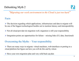Debunking Myth 2
      Migrating our work environment to the Cloud is just too hard

Facts
Ø  The decision regarding which applications, infrastructure and data to migrate will
be one of the biggest technological hurdles not to mention latency and interoperability

Ø  Not all cloud provider do migration well, migration is still your responsibility

Ø  Integration points are opportunities for failure – missing links (UI, data, functional)


Overcoming the Myths – Your responsibility
Ø  There are many ways to migrate: virtual machines, web-interfaces or porting to a
cloud platform but figure out how you will do this and by whom

Ø  Have your own migration plan and very solid back up plan
                                                                                              28
 