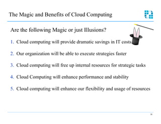 The Magic and Benefits of Cloud Computing

Are the following Magic or just Illusions?

1.  Cloud computing will provide dramatic savings in IT costs

2.  Our organization will be able to execute strategies faster

3.  Cloud computing will free up internal resources for strategic tasks

4.  Cloud Computing will enhance performance and stability

5.  Cloud computing will enhance our flexibility and usage of resources




                                                                          30
 
