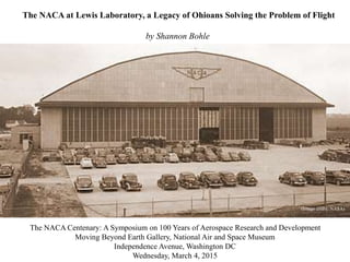 (Image credit: NASA).
The NACA at Lewis Laboratory, a Legacy of Ohioans Solving the Problem of Flight
by Shannon Bohle
The NACA Centenary: A Symposium on 100 Years of Aerospace Research and Development
Moving Beyond Earth Gallery, National Air and Space Museum
Independence Avenue, Washington DC
Wednesday, March 4, 2015
 