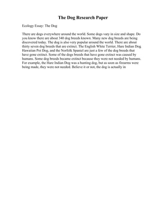 The Dog Research Paper
Ecology Essay: The Dog
There are dogs everywhere around the world. Some dogs vary in size and shape. Do
you know there are about 340 dog breeds known. Many new dog breeds are being
discovered today. The dog is also very popular around the world. There are about
thirty seven dog breeds that are extinct. The English White Terrier, Hare Indian Dog,
Hawaiian Poi Dog, and the Norfolk Spaniel are just a few of the dog breeds that
have gone extinct. Some of the dogs breeds that have gone extinct was caused by
humans. Some dog breeds became extinct because they were not needed by humans.
For example, the Hare Indian Dog was a hunting dog, but as soon as firearms were
being made, they were not needed. Believe it or not, the dog is actually in
 