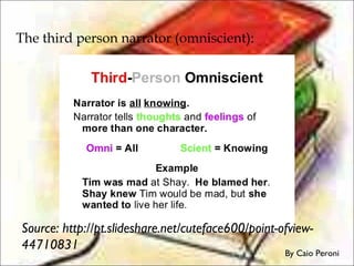 The third person narrator (omniscient):
Source: http://pt.slideshare.net/cuteface600/point-ofview-
44710831
By Caio Peroni
 