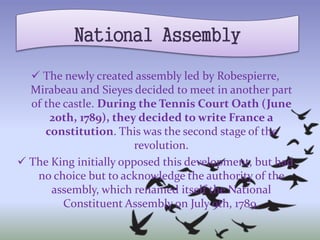  The newly created assembly led by Robespierre,
Mirabeau and Sieyes decided to meet in another part
of the castle. During the Tennis Court Oath (June
20th, 1789), they decided to write France a
constitution. This was the second stage of the
revolution.
 The King initially opposed this development, but had
no choice but to acknowledge the authority of the
assembly, which renamed itself the National
Constituent Assembly on July 9th, 1789.
National Assembly
 