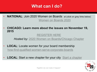 Together we can make it happen!Together we can make it happen!
What can I do?
• NATIONAL: Join 2020 Women on Boards at (cl...