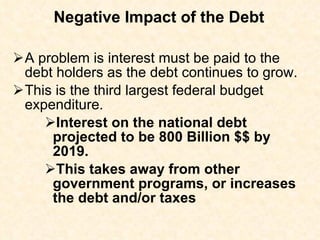 Negative Impact of the Debt A problem is interest must be paid to the debt holders as the debt continues to grow.  This is the third largest federal budget expenditure.  Interest on the national debt projected to be 800 Billion $$ by 2019.  This takes away from other government programs, or increases the debt and/or taxes 