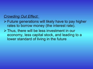 Crowding Out Effect:  Future generations will likely have to pay higher rates to borrow money (the interest rate).  Thus, there will be less investment in our economy, less capital stock, and leading to a lower standard of living in the future 